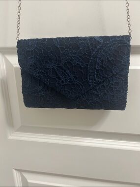 Navy Lace Envelope Clutch with Silver Chain